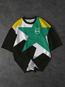 Manfinity Campus Court PAVTROS 男士T恤，男士运动街头服饰，撞色星形印花，短袖，春夏款，美学风格，狂欢节，复古，度假，我爱我的男朋友，情人节，男士队服T恤 - 彩色 - 查看 2