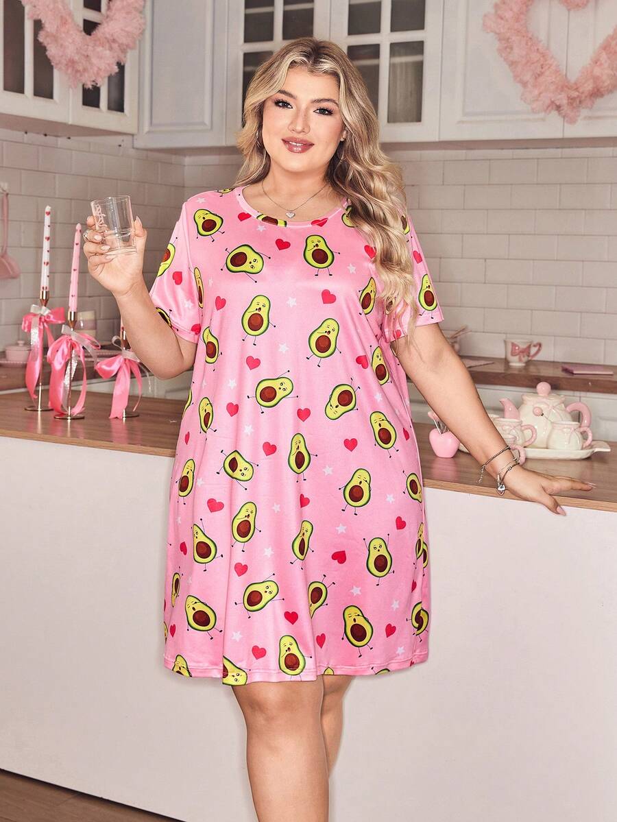 SweetSlumber 可爱甜美的情人节牛油果水果印花粉色T恤裙，加大码舒适睡袍，女士加大码夏季睡衣水果睡衣套装，加大码睡衣连衣裙，加大码睡裙，女士加大码睡衣 - 粉色 - 查看 1