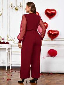 EMERY ROSE Quần áo mùa đông cỡ lớn cho phụ nữ Quần áo Giáng sinh cho phụ nữ Bộ đồ liền thân tay đèn lồng lưới vá màu trơn thanh lịch - Màu Đỏ Sâu - Xem 2