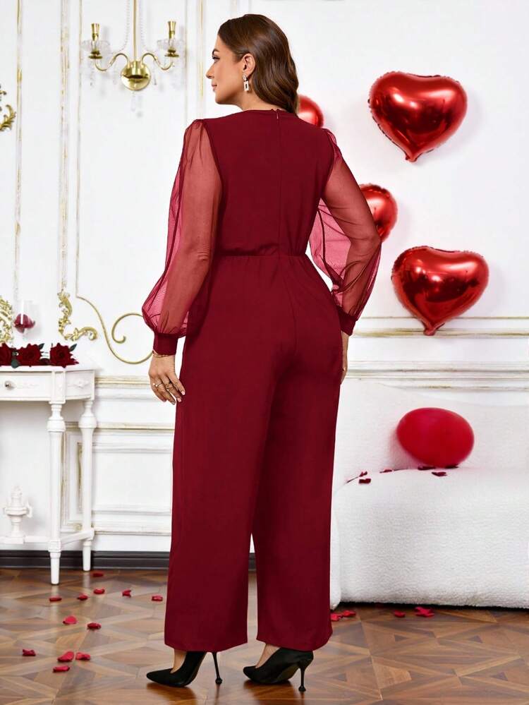 Plus Size Winter Clothes For Women Christmas Women Clothes Elegant Solid Color Mesh Patchwork Lantern Sleeve Jumpsuit Christmas New Year Look Wedding Chic Women's Jumpsuit  Stylish Clothing Collection