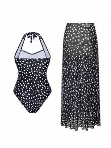 Swim Oasis Completo da donna taglie forti, stampa a pois casuale bianco e nero, moda vacanza e casual, gonna lunga in rete con stampa a pois abbinata a bikini, outfit di alta qualità - nero - Visualizzare 8