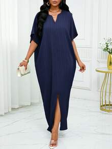 SHEIN Lady Đầm dài tay cánh dơi cổ xẻ cho mùa thu đông - Màu xanh hải quân - Xem 5