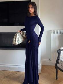 Ronhire Gaun Wanita Model Terbaru, Warna Polos, Pas Badan, Lengan Panjang, Elegan - Navy Blue - View 6