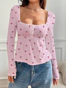 SHEIN EZwear Camisa casual de mujer de manga larga con botones y estampado - Rosa Pálido - Ver 5