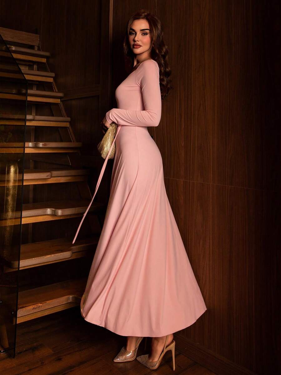 Modelyn Women's Solid Color Square Neck Long Sleeve Elegant Waist Cinched Dress - Pink - View 1
