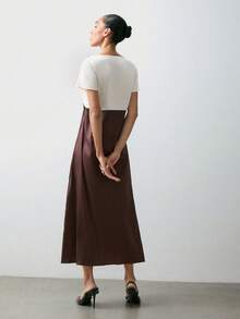 Maija 2025秋冬都市休闲撞色紫色白蕾丝拼接蝙蝠袖中长连衣裙，适合晚宴派对 - 中紫紅色 - 查看 4