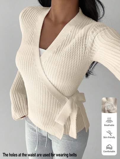 FavEase Women's Solid Color Minimalist Everyday Bowknot Crisscross Strap Cardigan, Fashionable & Versatile