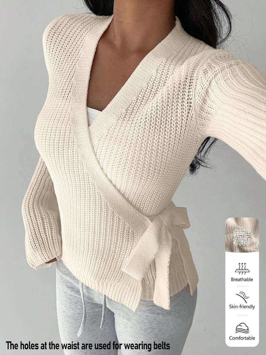 Flirla Women's Solid Color Minimalist Everyday Bowknot Crisscross Strap Cardigan, Fashionable & Versatile - Beige - View 1