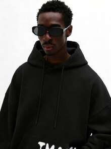 SUMWON 必备宽松版型套头连帽衫，带中央口袋，印有“Thanks For Nothing”字样，休闲家居服 - 黑色 - 查看 3