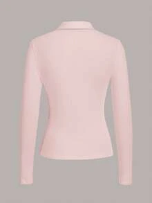 SHEIN BASICS 休闲纯色针织半拉链长袖修身女式T恤 - 淺粉色 - 查看 2