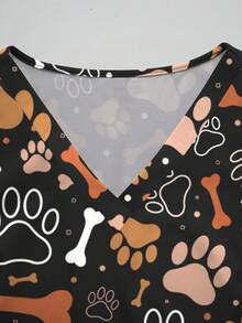 PopScrub Women's Fashion V-Neck Short Sleeve Pocket Scrub Top & Pants Set With Cartoon Animal Paw Print & Bone Pattern, Suitable For Spring/Summer Scrubs For Women Set Womens Scrub Set Veterinary Scrubs Paw Print Scrubs Animal Print Scrubs - Black - View 7