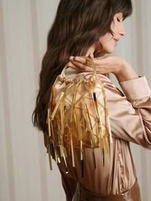 SHECARRY Fashion Party Gold Sequined Tassel Tote, Christmas, New Year