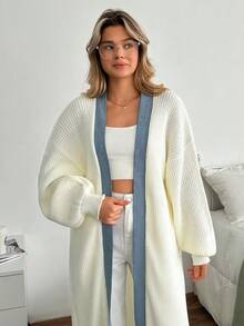 EURMUSE Casual Color Block Drop Shoulder Loose Cardigan, Autumn/Winter - White - View 4