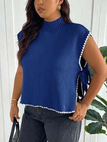 SHEIN Frenchy Plus Size Women Contrast Color Knit Top, Fashionable Plus Size Knit Top With Side Tie Design, Comfortable, Spring/Summer New Arrival - Royal Blue - View 2
