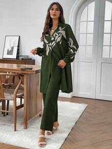 EMERY ROSE 两件套女士休闲撞色纽扣衬衫套装 - 軍綠色 - 查看 4