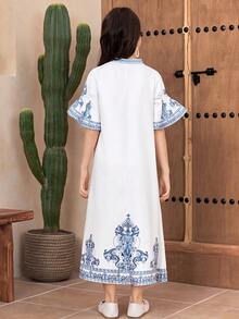 Tween Girls' Casual Vacation White And Blue Floral Summer Boho Holiday V-Neck A-Line Patchwork Flare Sleeve,Long Woven Dress - Baby Blue - View 2