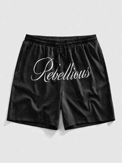 ROMWE MEN Street Life 男士深色条纹字母印花短裤