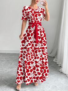 Modelyn Red Heart Cartoon All-Over Print Fashionable Round Neck Long Sleeve Waist Cinched A-Line Long Dress For Women, Spring - Multicolor - View 1