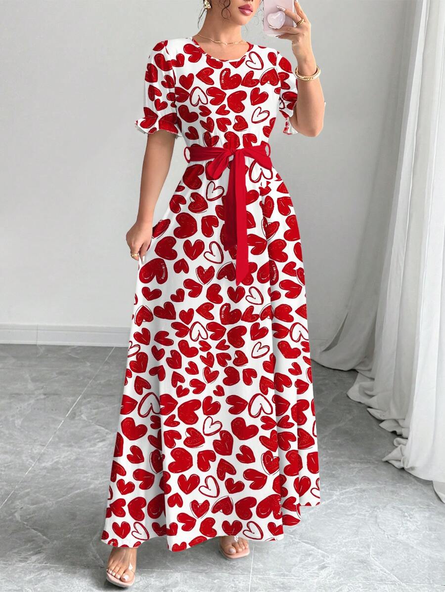 Modelyn Red Heart Cartoon All-Over Print Fashionable Round Neck Long Sleeve Waist Cinched A-Line Long Dress For Women, Spring - Multicolor - View 1