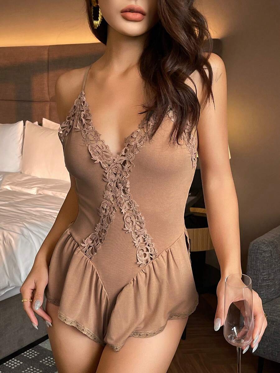 DAZY Women's Lace Patchwork Ruffle Trim Jumpsuit Romper - Camel - View 1