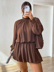 Lounesse 大码女士收腰棕色长袖连衣裙，时尚休闲连衣裙，适合日常穿着、音乐节、派对等场合，百搭棕色连衣裙，2026新款雪纺面料休闲日常连衣裙 - 棕色 - 查看 1