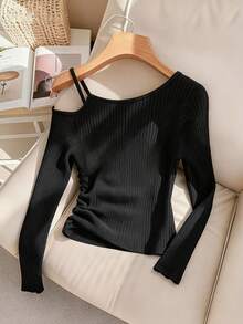 Franclia Camiseta negra de manga larga asimétrica con cintura ceñida de talla grande, blusa negra de manga larga elegante de primavera/verano con hombros descubiertos, blusas negras ajustadas y elegantes para mujer, blusas negras sexys de manga larga con pliegues - Negro - Ver 3