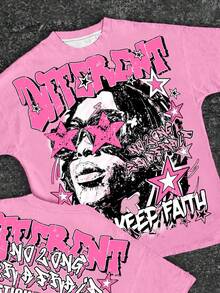 Slaydiva 休闲简约黑色人像图案粉色圆领宽松女式T恤 - 彩色 - 查看 5