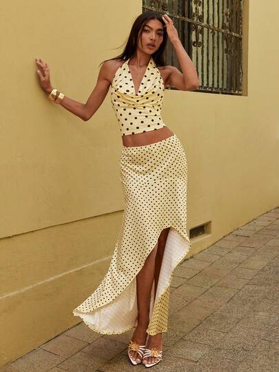 Opulessa 2pcs Women's Knit Printed Halter Backless Top & Low Waist Detachable Skirt Set, Suitable For Beach Vacation,Casual,Vacation,Vacation Outfits Women,Vacation,Summer Holiday Outfits ,Holiday Outfits For Women,Holiday,Vacation Outfits For Women,Vacation Dress,Elegant,Going Out,Party,Beach,Beach Shorts,Beach Outfits For Women,Beach Skirt,Beach Set,Beach Outfit,Beach Outfit For Women,Summer,Summer Clothes,Summer Holiday Outfits,Flower,Graphic Polkadot Dress