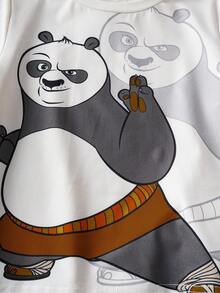 SHEIN Kung Fu Panda 2pcs/Set Young Boy Panda Print Casual Round Neck Short Sleeve T-Shirt And Shorts Pajama Set, Summer - Black and White - View 4
