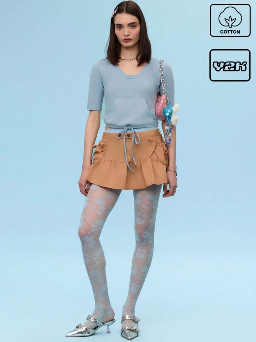 COUREZ Fitted Hoodie Short Sleeve Top ,Summer For Women ,Summer Top Going Out Top Casual ,Y2K Cotton Cotton Vintage - Blue - View 1