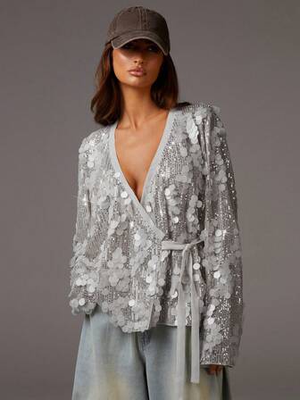 Athîral Women's Solid Color Sequin Long Sleeve Wrap Tie Front Fashion Blouse