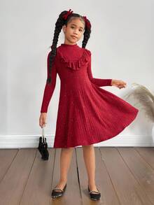 SHEIN NovaGlow 青少年女孩休閒波爾多紅羅紋立領荷葉邊修身針織洋裝 - 酒紅色 - 查看 4