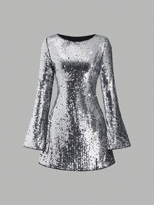 Sweetra Rochie de Crăciun pentru femei, cu paiete, rochie strălucitoare, ținută de Anul Nou, potrivită pentru primăvară, toamnă, iarnă, petrecere, naveta, zilnic, călătorii, vacanță, rochie scurtă, talie evazată, mânecă lungă, linie A, roz