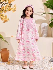 SHEIN Young Girl Embroidered Butterfly Print Casual Loose Long Sleeve Dress For Daily Wear Flower Girl For Wedding - Pink - View 5