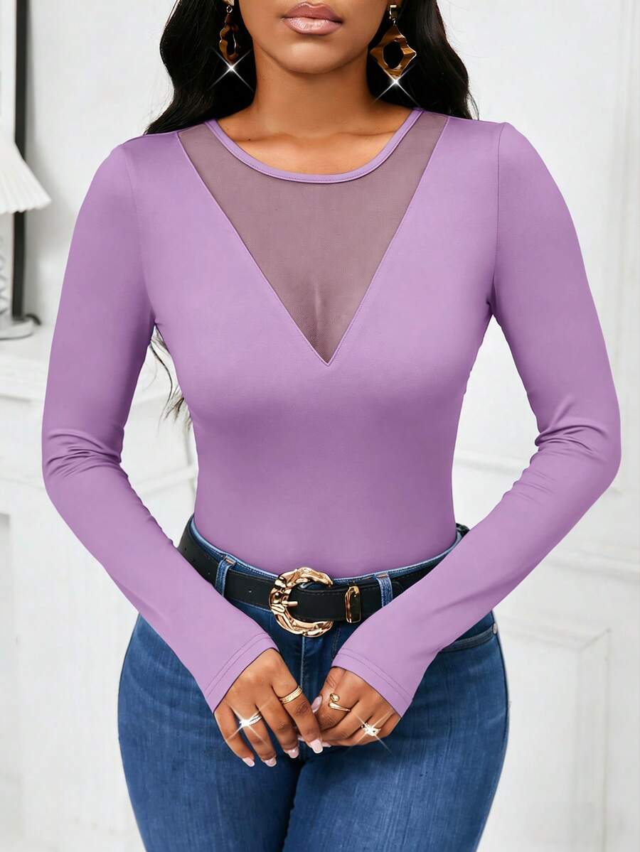 SHEIN Lady Women Autumn Elegant Mesh Splice Fitted Long Sleeve T-Shirt Valentine's Day Valentine Outfits For Women Valentine Clothes Summer Summer Clothes - Mauve Purple - View 1