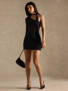 SHEIN BAE Vestido mini ajustado de manga larga con un hombro, de unicolor y parches de malla, de moda para mujer - Negro - Ver 4