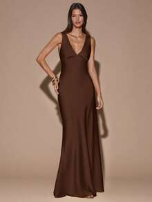 SHEIN BAE Sexy Minimalist Solid Color Yellow/Cream Deep V-Neck Sleeveless Backless Tie Dress, Suitable For Parties, Cocktail Events, Formal Occasions, Bridesmaid Dresses, Birthday Dresses, Yellow Satin Gown, Christmas, Banquet, Business Casual Sexy Brown Dress Brown Wedding Guest Dress Open Back Dresses - Coffee Brown - View 2