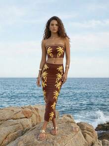 CAJUNI Women's Casual Vacation Tropical Coconut Tree & Banana Leaf Print Strapless Crop Top And Fish Tail Split Hem Skirt 2 Piece Set, Suitable For Dates, Gatherings, Parties, Outings - Coffee Brown - View 5