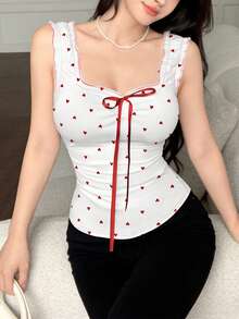 Modelyn Top corto sin mangas con estampado de corazón rojo y lazo, cintura ajustada, moda de verano - Multicolor - Ver 6