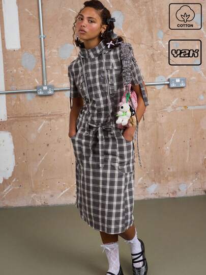 COUREZ Linen Check Cargo Midi Dress /Summer Outfits For Women /Summer Dresses Going Out Outfits Casual /Y2K 100%Cotton Vintage