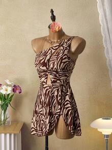 Bellisia Summer Vacation Brown Zebra Print Tummy Control One-Piece Swimdress, Elegant & Cute - Brown - View 3