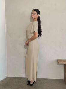 Andrea Bello 女士夏季纯色亚麻混纺休闲连衣裙，奶油黄色，连衣裙优雅优雅，领带活动连衣裙女士正式派对连衣裙女士派对连衣裙女士长裙女士正式连衣裙女士长裙女士正式连衣裙女士夏季连衣裙，毕业礼服 - 杏色 - 查看 6