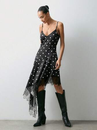 Maija 2025 Early Spring Sleepwear Style Spaghetti Strap Polka Dot Lace Patchwork Women's Slip Dress, Suitable For Valentine's Day Party