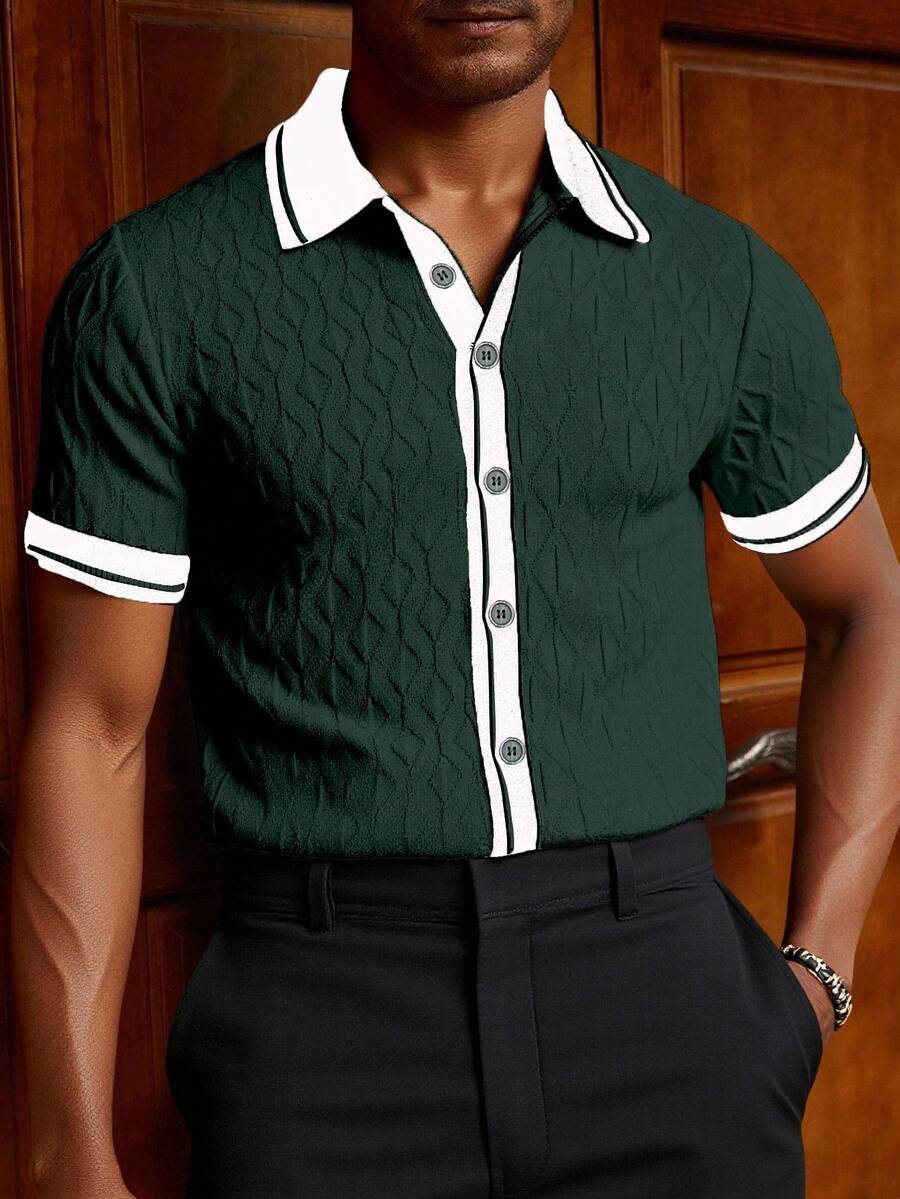 Manfinity Homme 男士撞色短袖单排扣休闲针织衫 男士针织衬衫 学院风图案 Polo 衫 男士运动衫 绿白衬衫 男士俱乐部服装 - 墨綠色 - 查看 1