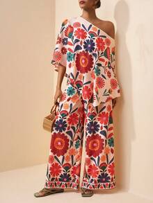 Zivah 2026 Spring/Summer Women's Casual Commuter Loose-Fitting One-Shoulder Action Print Irregular Print Top + High-Waisted Wide-Leg Pants Two Pieces Set Is Suitable For Occasions Such As Back To School, Vac - Orange - View 9