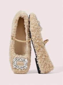 CUCCOO DOLLMOD Rhinestone Decor Plush Casual Comfortable Versatile Flat Shoes, Suitable For Daily Commute - Khaki - View 2