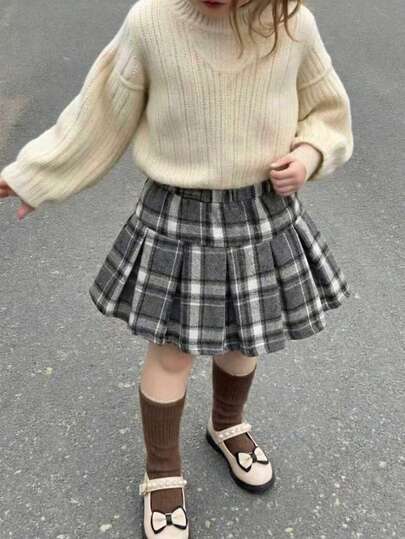 Playful Pals 1件装女童复古格子迷你裙，棕色休闲JK风松紧腰百褶裙，适合春、秋、冬日常穿着