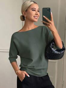 DAZY 女士纯色修身船领半袖休闲优雅针织上衣，秋冬款 - 橄欖綠 - 查看 4