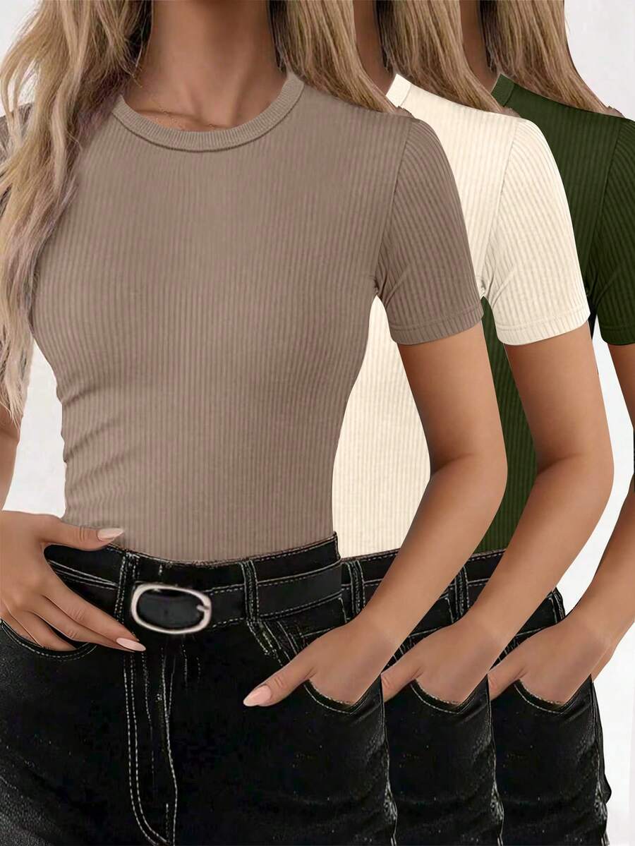 SHEIN 3pcs/Set Women's Solid Color Round Neck Short Sleeve Casual Versatile T-Shirts - Multicolor - View 1