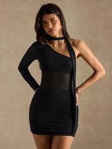 SHEIN BAE Vestido mini ajustado de manga larga con un hombro, de unicolor y parches de malla, de moda para mujer - Negro - Ver 6